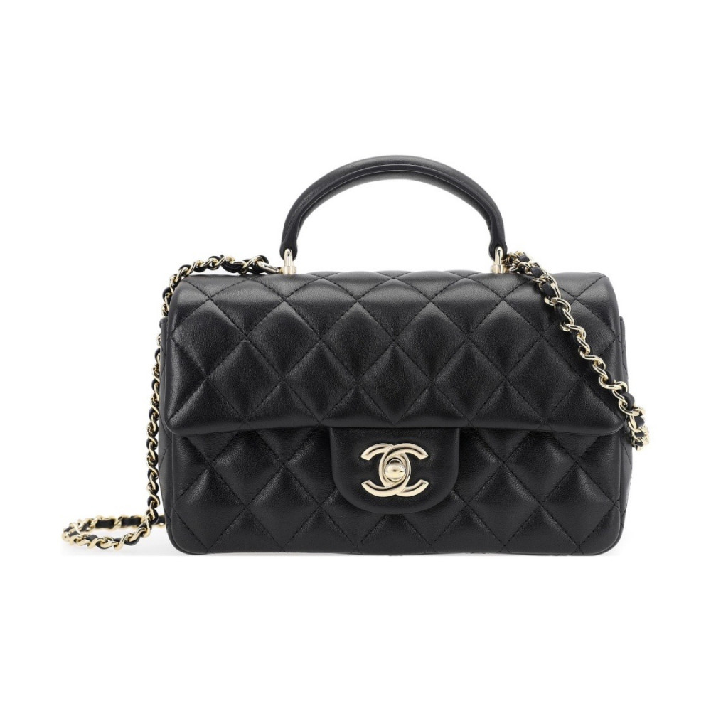 Chanel Mini Flap Bag With Top Hansle In Pearly Lambskin Black