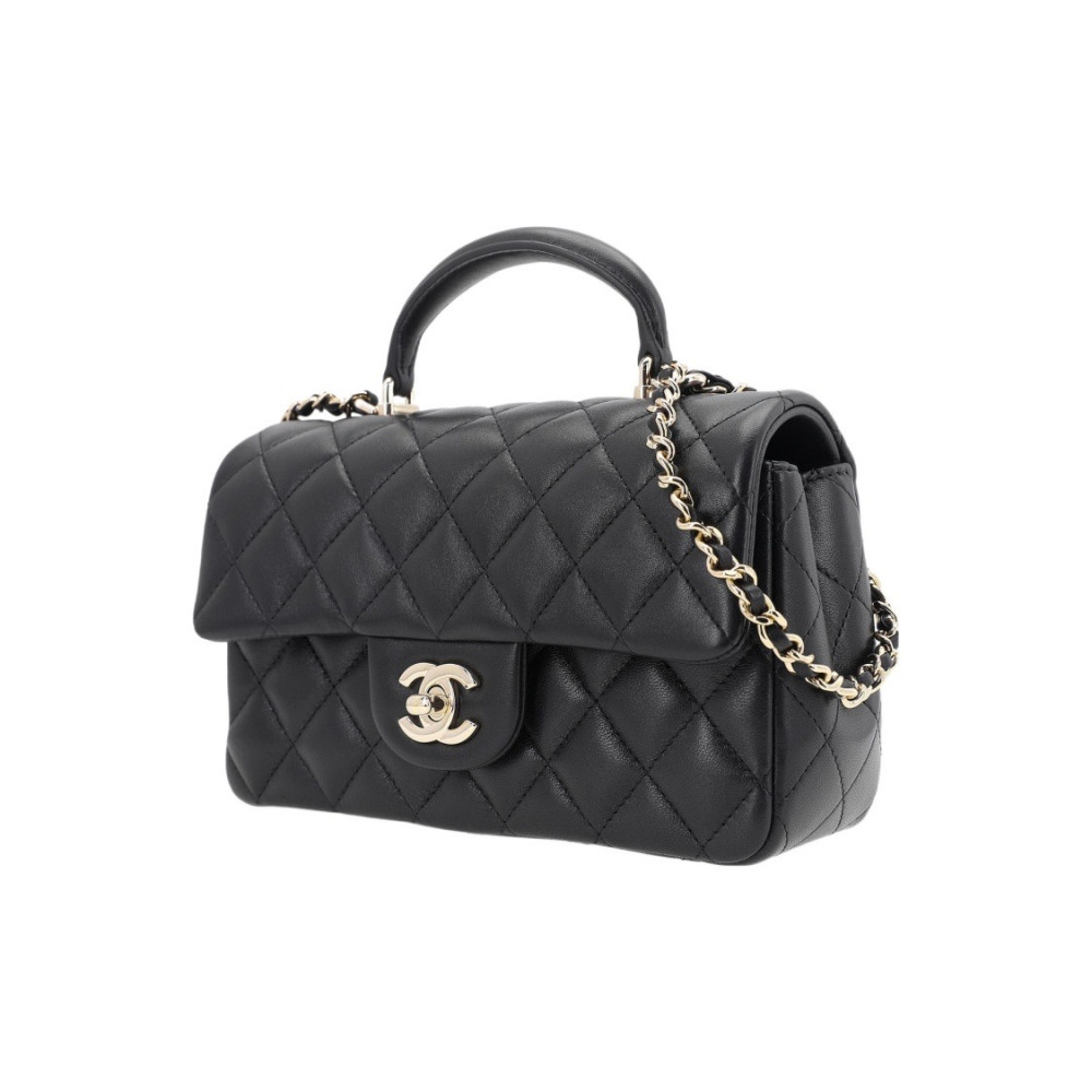 Chanel Mini Flap Bag With Top Hansle In Pearly Lambskin Black