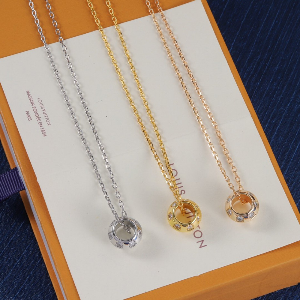 Lv Necklace, Round With Diamonds, Gold Rose Gold, Silver