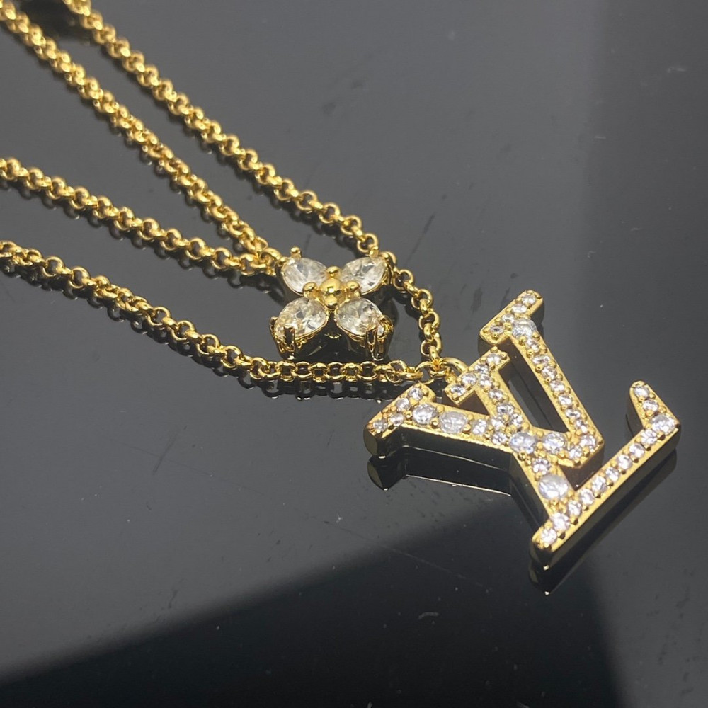 Lv Necklace, Loge And Flower, With Diamonds, Gold