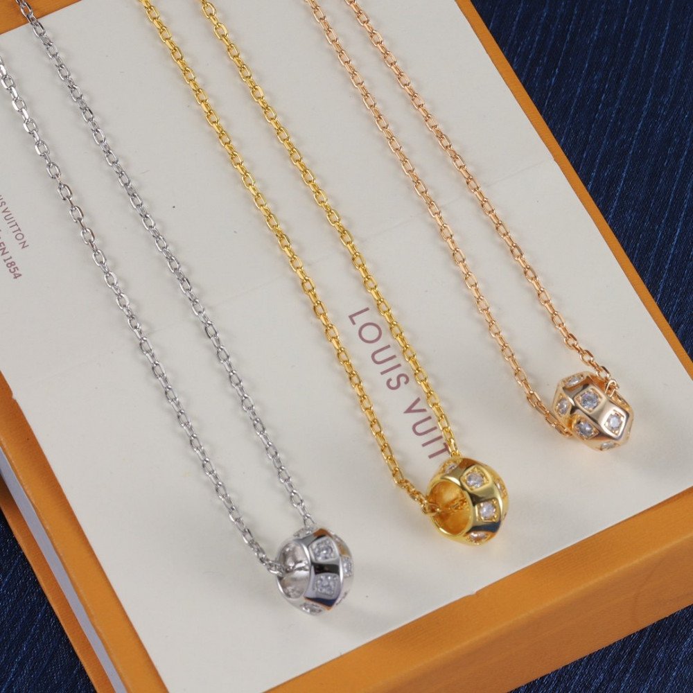 Lv Necklace, Round With Diamonds, Gold Rose Gold, Silver Lv Necklace, Round With Diamonds, Gold Rose Gold, Silver