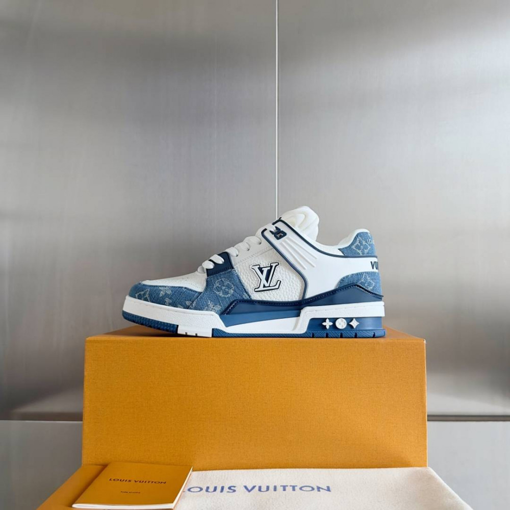 LV Trainer Sneaker Blue Jeans and White-069